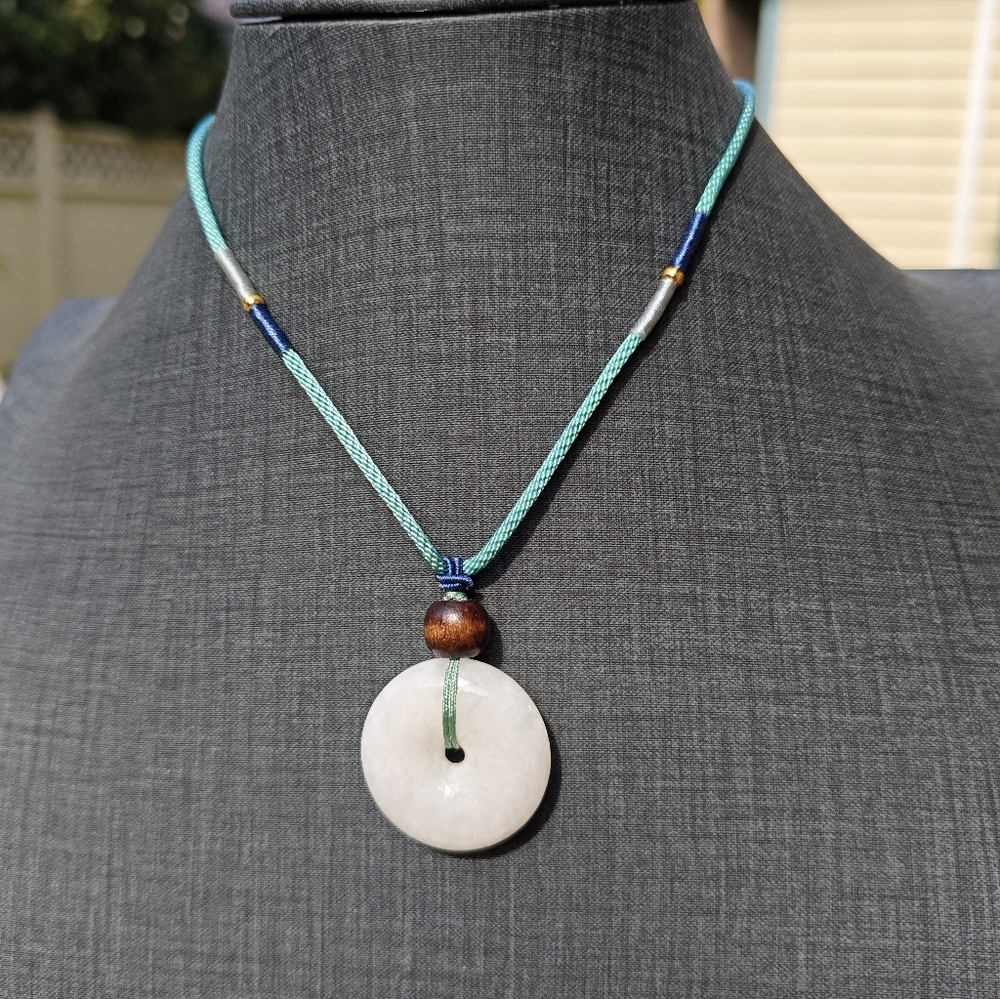 Handcrafted White Jade Donut Pendant Necklace with Teal Cord